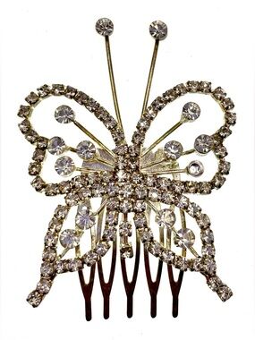 Vintage Rhinestone Butterfly Hair Comb Silver Tone Statement Hair Accessory
